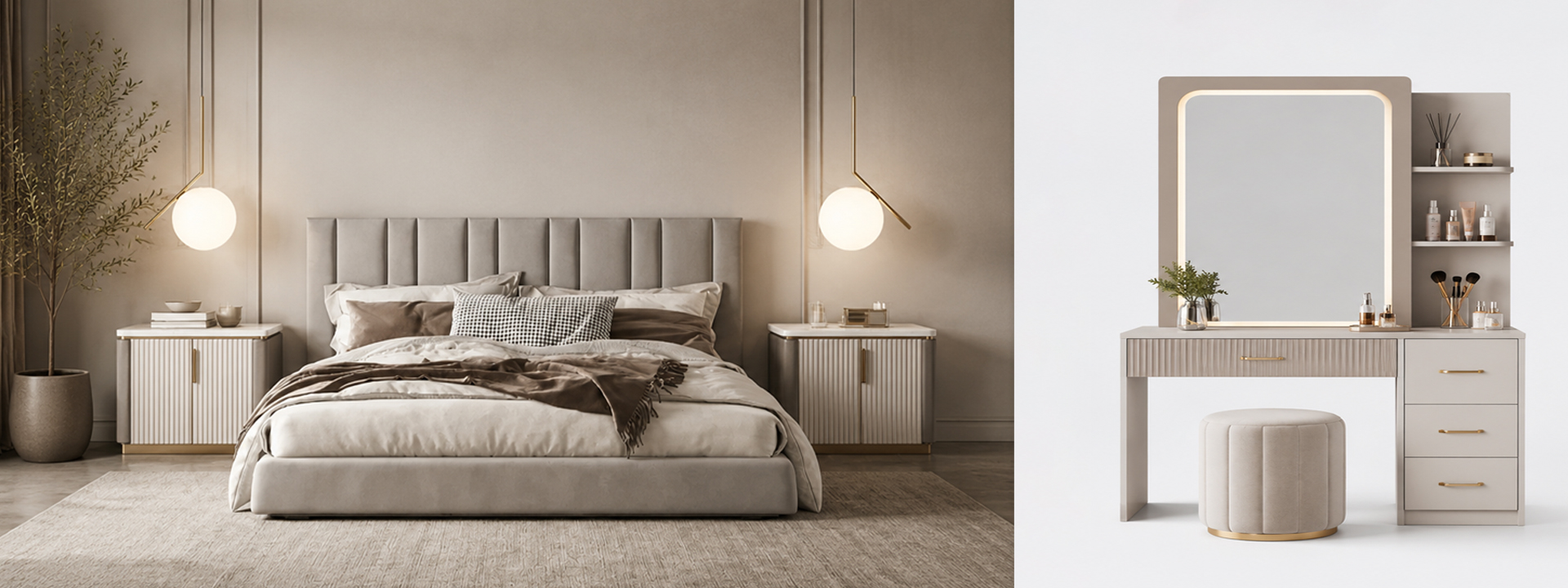 Neatly made bed with soft layered bedding in a bright bedroom